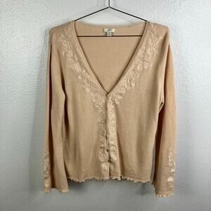 J. Jill Linen Blend Floral Embroidered Cardigan Sz M Pastel Pink Ruffle Feminine